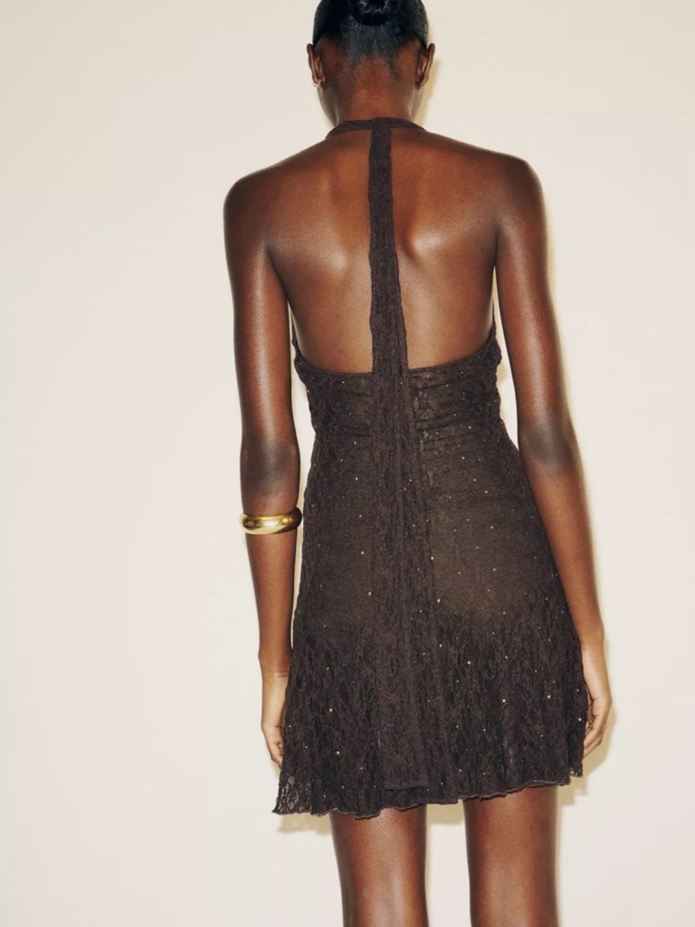 Zara Black Halter Lace Mini Dress with Subtle Sparkle - Picture 4 of 6